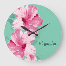 Pink Hibiscus Tropical Teal Clock ラージ壁時計