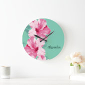 Pink Hibiscus Tropical Teal Clock ラージ壁時計 (ホーム)