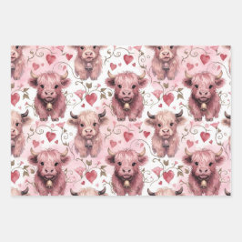 Pink Highland Cow Valentine Hearts ラッピングペーパーシート