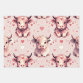 Pink Highland Cow Valentine Hearts Roses ラッピングペーパーシート (正面3)