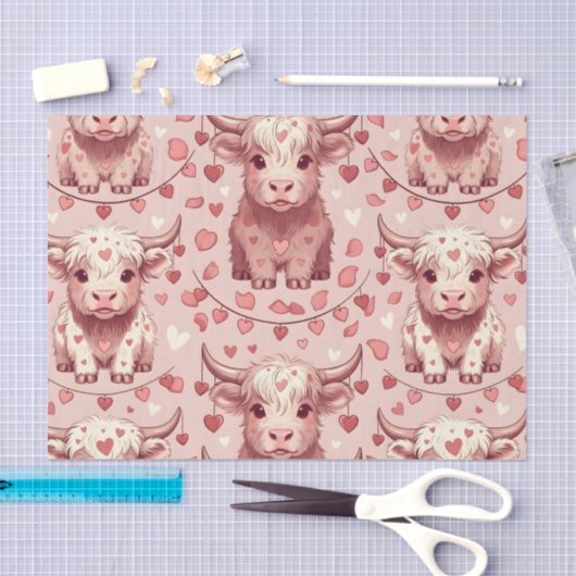 Pink Highland Cow Valentine Hearts Roses 薄葉紙 (クラフト)