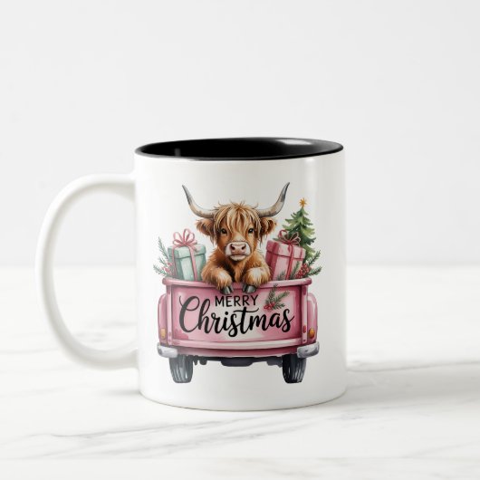 Pink Highland Cow Xmas Girly Fluffy Cow In Truck ツートーンマグカップ (左)