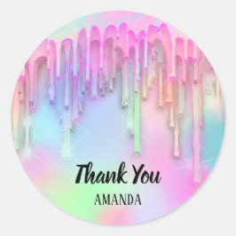 Pink Holigraph Drips Unicornという名前ありがとう ラウンドシール