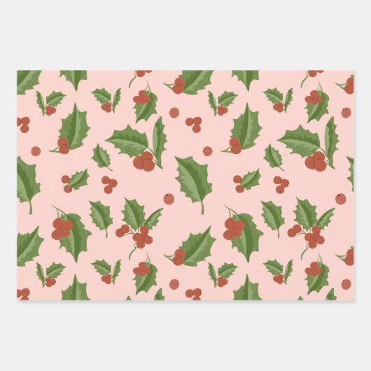 Pink Holly Gift Wrap ラッピングペーパーシート (正面)