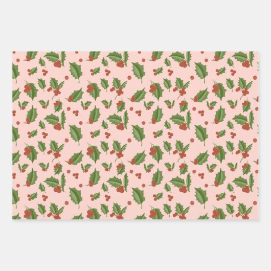 Pink Holly Gift Wrap ラッピングペーパーシート (正面)
