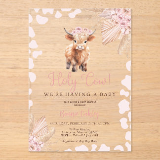 Pink Holy Cow Boho Dried Flower Baby Shower アクリル招待状