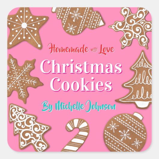 Pink Homemade Christmas Cookies スクエアシール (正面)