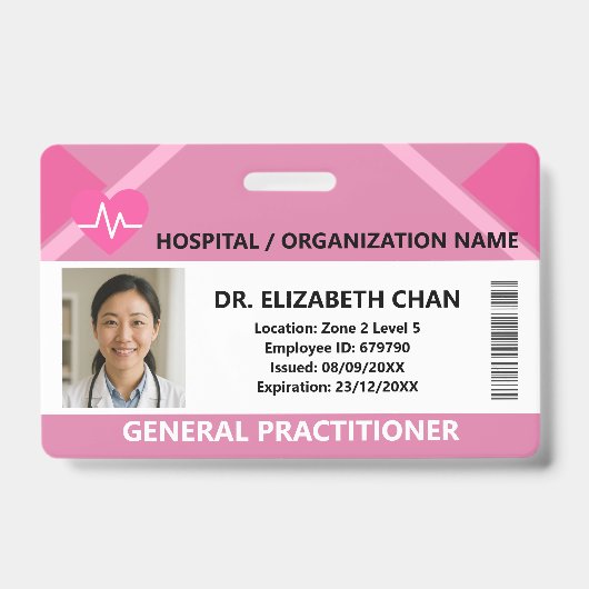 Pink Hospital Doctor Nurse Care Security Photo ID バッジ (表面)