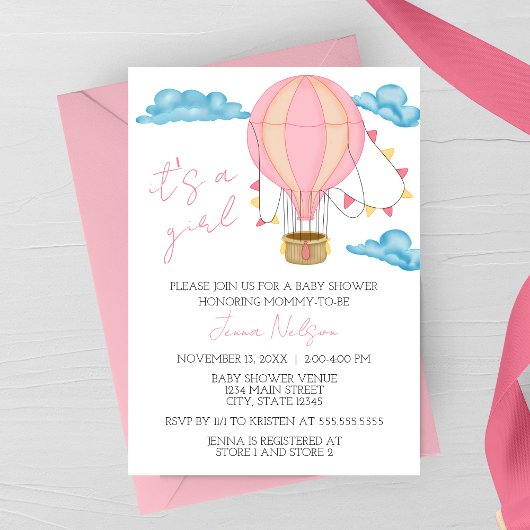 Pink Hot Air Balloon “It’s a Girl” Baby Shower  招待状