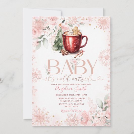 Pink Hot Cocoa Christmas Baby Shower Invite 招待状 (正面)