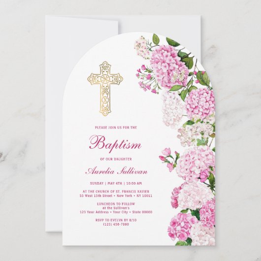 Pink Hydrangea Arch Baptism 招待状 (正面)