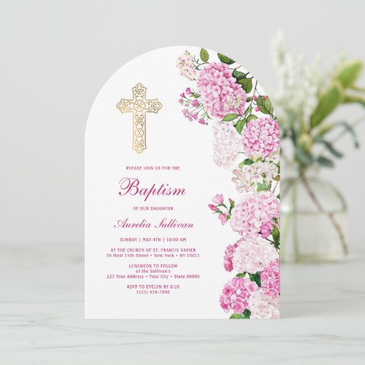Pink Hydrangea Arch Baptism 招待状 (スタンド正面)