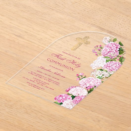 Pink Hydrangea Arch First Communion アクリル招待状 (レイダウン)