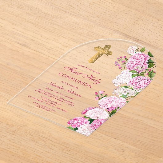Pink Hydrangea Arch First Communion アクリル招待状 (レイダウン)