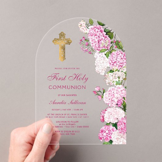 Pink Hydrangea Arch First Communion アクリル招待状 (インサイチュ (ポータブル))