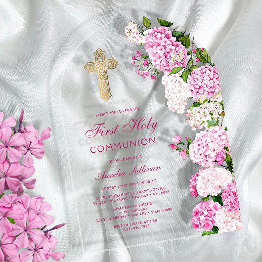 Pink Hydrangea Arch First Communion アクリル招待状