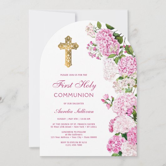 Pink Hydrangea Arch First Communion 招待状 (正面)