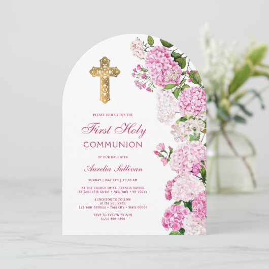 Pink Hydrangea Arch First Communion 招待状 (スタンド正面)