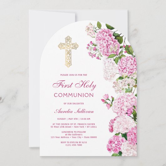 Pink Hydrangea Arch First Communion 招待状 (正面)