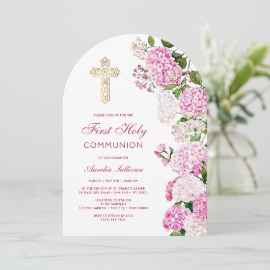 Pink Hydrangea Arch First Communion 招待状 (スタンド正面)