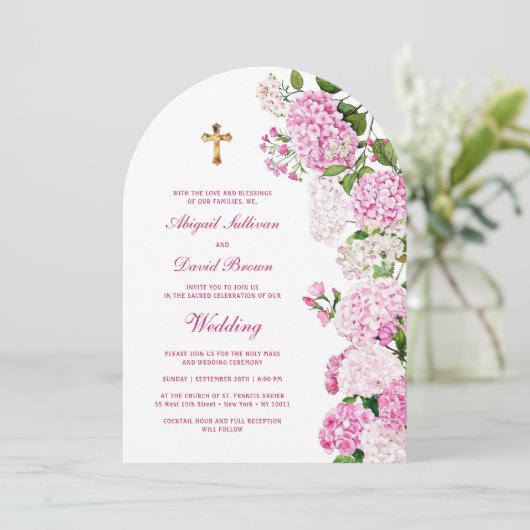 Pink Hydrangea Arch Religious Wedding 招待状 (スタンド正面)