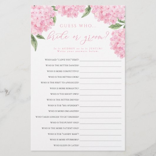 Pink Hydrangea Bride or Groom Paper Game Card チラシ (正面)