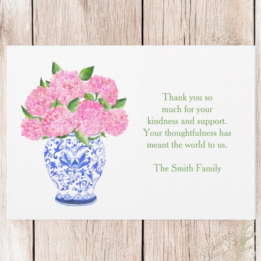 Pink Hydrangea Chinoiserie Vase Sympathy Thank You ノートカード