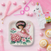 Pink Hydrangea Fairy Black Girl Watercolor ペーパープレート (パーティー)