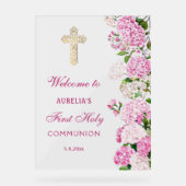 Pink Hydrangea First Communion Welcome アクリルサイン (正面)