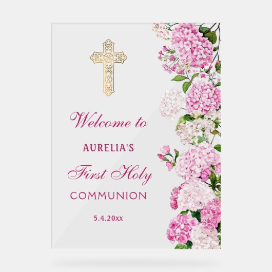 Pink Hydrangea First Communion Welcome アクリルサイン (正面)