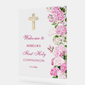 Pink Hydrangea First Communion Welcome アクリルサイン (傾斜)