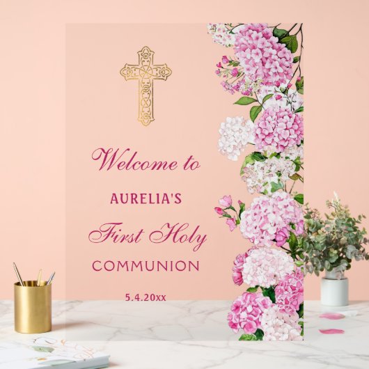 Pink Hydrangea First Communion Welcome アクリルサイン (ウェディング)