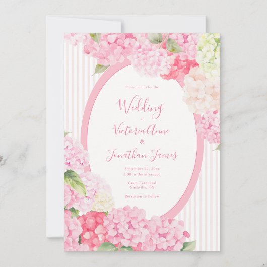 Pink Hydrangea Floral Stripe Wedding Invitation 招待状 (正面)