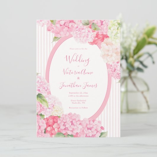 Pink Hydrangea Floral Stripe Wedding Invitation 招待状 (スタンド正面)