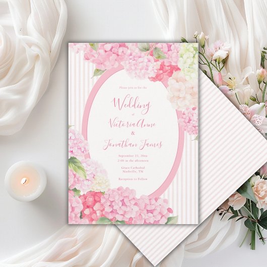 Pink Hydrangea Floral Stripe Wedding Invitation 招待状