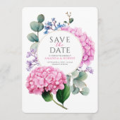Pink Hydrangea Flowers Watercolor Elegant Wedding セーブザデート (正面)