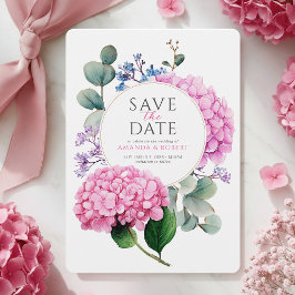 Pink Hydrangea Flowers Watercolor Elegant Wedding セーブザデート
