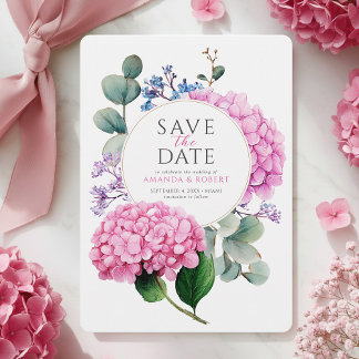Pink Hydrangea Flowers Watercolor Elegant Wedding セーブザデート