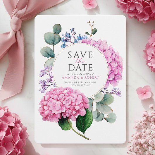 Pink Hydrangea Flowers Watercolor Elegant Wedding セーブザデート