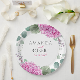 Pink Hydrangea Flowers Watercolor Elegant Wedding ペーパープレート