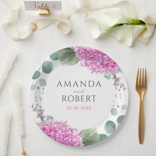 Pink Hydrangea Flowers Watercolor Elegant Wedding ペーパープレート (ウェディング)