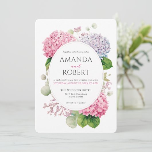 Pink Hydrangea Flowers Watercolor Oval Wedding 招待状 (スタンド正面)