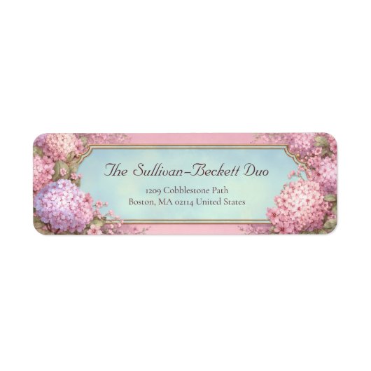 Pink Hydrangea Gold Filigree Sky Blue ラベル (正面)