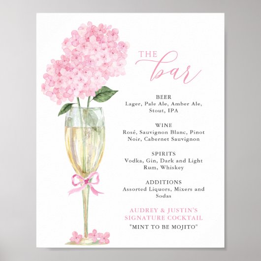 Pink Hydrangea in Gold Glass Bar Menu ポスター (正面)