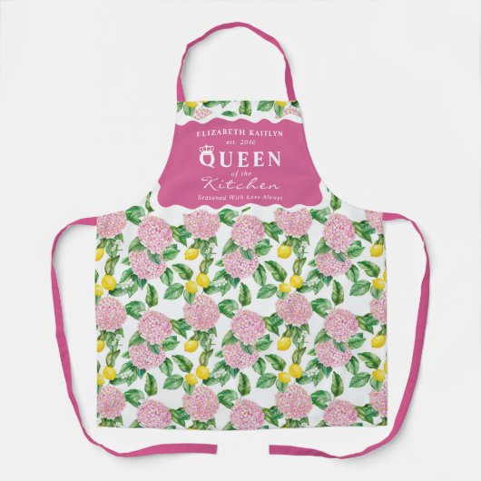Pink Hydrangea Lemons Citrus Queen of the Kitchen エプロン (正面)