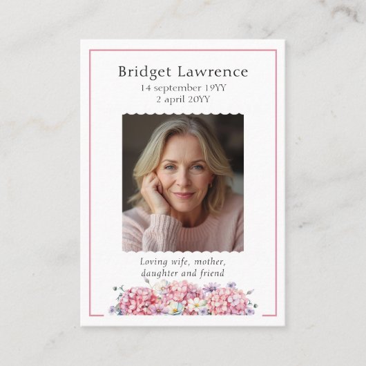 Pink Hydrangea Memorial Photo Prayer Card 名刺 (正面)