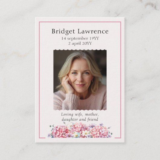 Pink Hydrangea Memorial Photo Prayer Card 名刺 (正面)