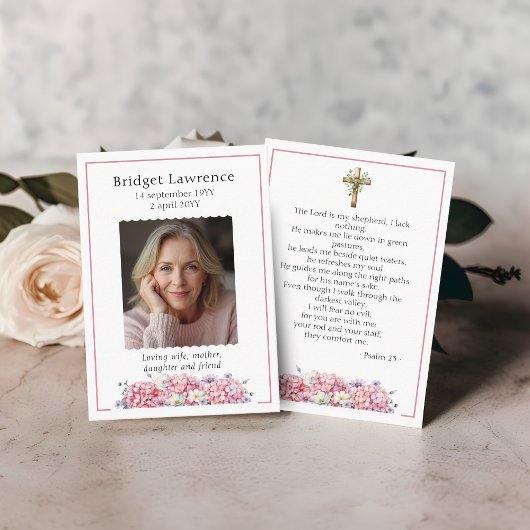 Pink Hydrangea Memorial Photo Psalm 23 Prayer Card 名刺