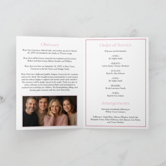 Pink Hydrangea Summer Flowers Funeral Folded プログラム (内部)