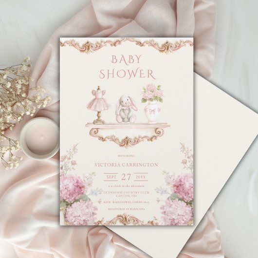 Pink Hydrangea Vintage Baby Shower Invitation 招待状